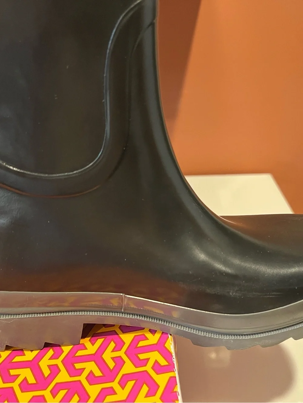 Tory Burch Black Rain Boots with Grey Trim and Logo